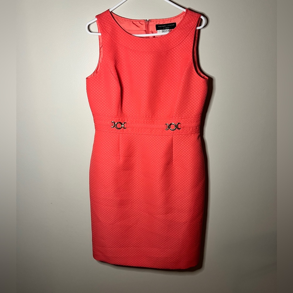 Tahari Levine sleeveless dress in coral / vivid pink with gold accents (10)